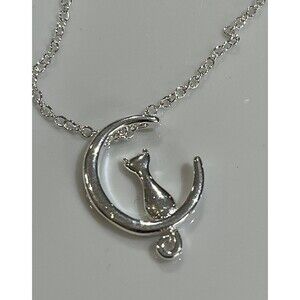 925 Sterling Silver Witchy Cat Sitting on Crescent Moon Pendant Necklace 17in